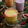 Three holiday boba drinks with crushed candy cane rims – matcha, milk tea, and taro with boba pearls.